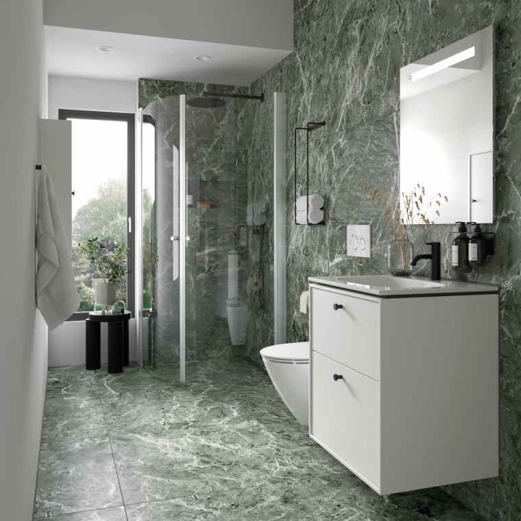 Ifö Sense Art badrumsmöbler, Ifö Spira vägghängd toalett och Ifö Space duschlösning Ifö Sense Art badrumsmöbler, Ifö Spira vägghängd toalett och Ifö Space duschlösning